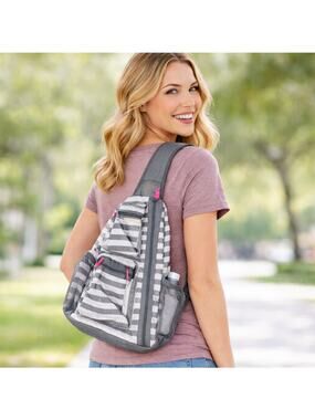 Thirty-One Sling-Back Bag Grey Wave Chevron Crossbody Travel Daypack